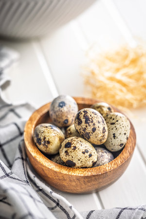 Spotted quail eggs in a bowl on a kitchen table.の写真素材