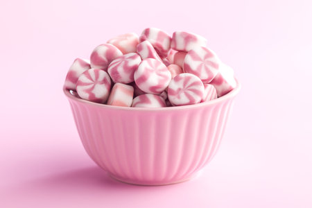Colorful striped candies in a bowl on a pink background.の写真素材