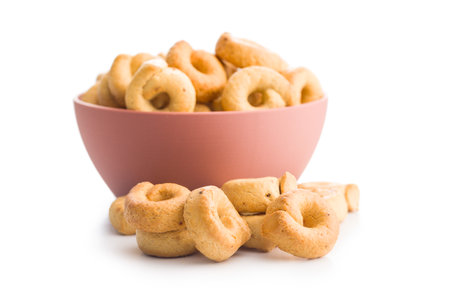 Crispy snack rings isolated on a white background.の写真素材