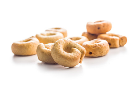 Salted crispy snack rings isolated on a white background.の写真素材