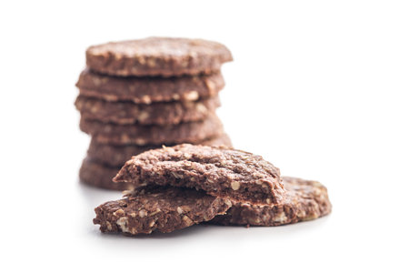 Sweet oatmeal cookies isolated on a white background.の写真素材