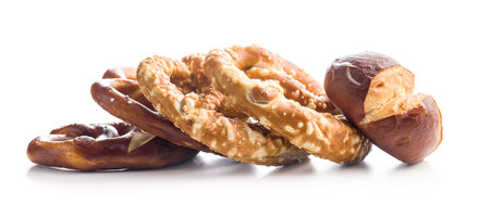 Salted bavarian pretzels isolated on a white background.の写真素材