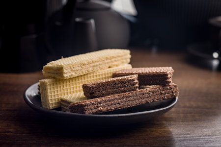 Sweet wafers filled with chocolate and vanilla cream on a plate on a wooden table.の写真素材
