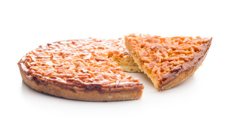 Sweet almond pie isolated on a white background.の写真素材