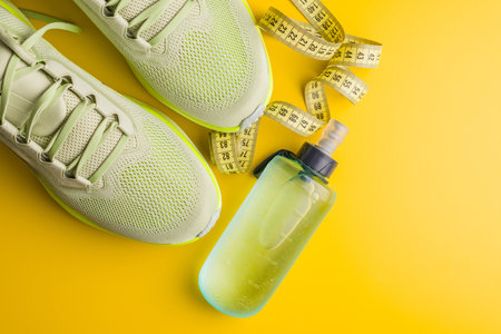 Sport running shoes and water bottle on the yellow background. Top view.の写真素材