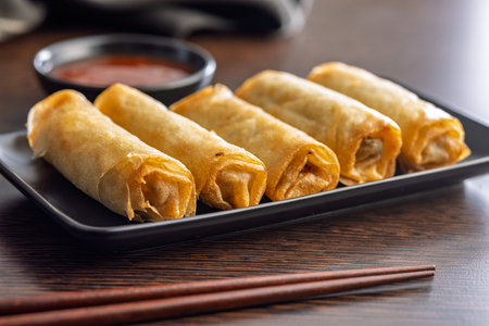 Fried spring rolls and sweet and sour sauce on a wooden table.