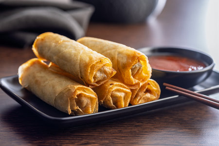 Fried spring rolls and sweet and sour sauce on a wooden table.