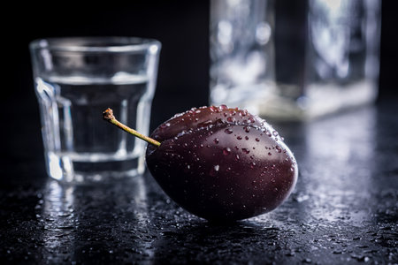 Plums and distilled alcohol on a black table. Plum brandy shot.の写真素材