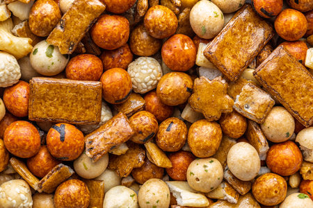 A salted snack. Coated peanuts and mini crackers. Top view.