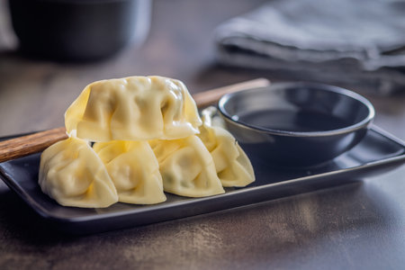 Traditional japanese gyoza dumplings and soy sauce on a kitchen table.の写真素材