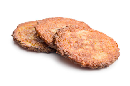Fried potato pancakes isolated on a white background.の写真素材