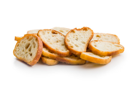 Crispy roasted bruschetta bread isolated on a white background.の写真素材