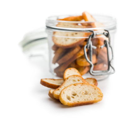 Crispy roasted bruschetta bread isolated on a white background.の写真素材