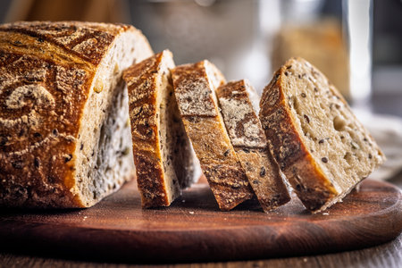 Photo of sliced â€‹â€‹â€‹â€‹baked sourdough bread on a cutting board on a wooden...