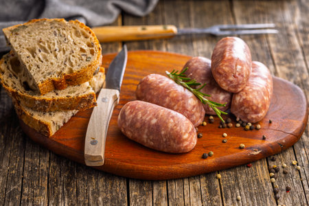 Photo of Italian sausage salsiccia on a cutting board on a wooden table.の写真素材