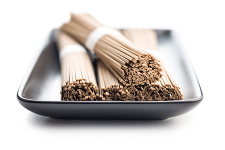 Buckwheat soba noodles isolated on a white background.の写真素材