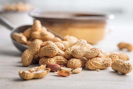 Peanuts in shell. Groundnuts on a kitchen table.の写真素材