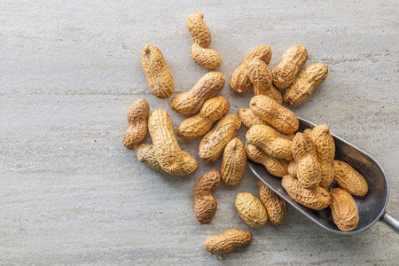 Peanut kernels in scoop on a kitchen table. Top view.