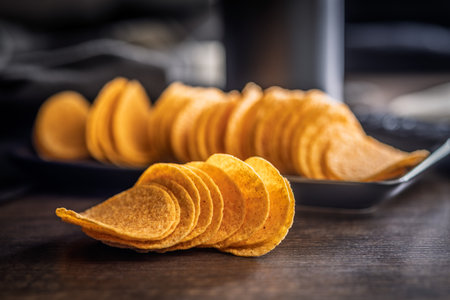 Crispy potato chips on a wooden table.の写真素材