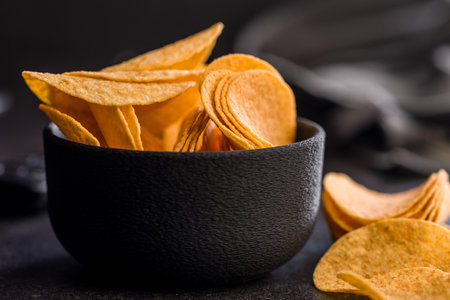 Crispy potato chips in bowl on a black table.