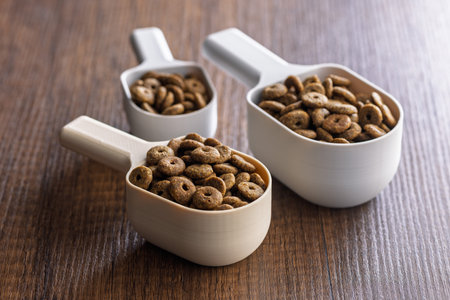 Dry kibble pet food. Dog or cat food in scoop on a wooden table.の写真素材