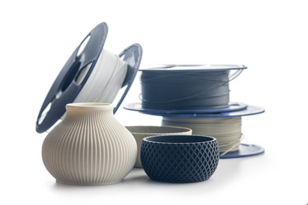 Plastic filament for 3D printer and printed products isolated on a white background.