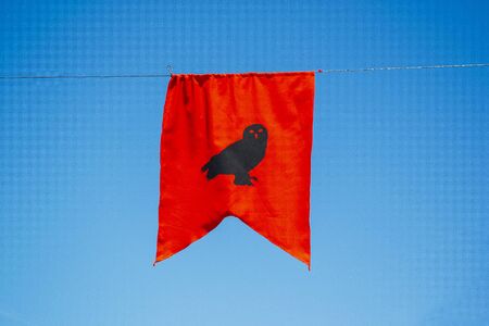 red owl banner with blue sky in the background. Medieval conceptの写真素材