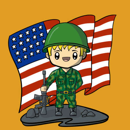 Illustration soldier in front of the united states flagの写真素材