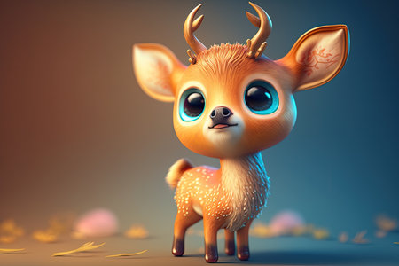 Illustration 3d small super cute little deer with big eyes. Generative AIの素材