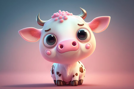 Illustration 3d small super cute cow with big eyes. Generative AIの素材