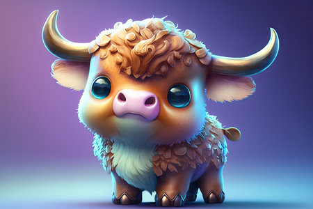Illustration 3d small super cute bull with big eyes. Generative AIの素材