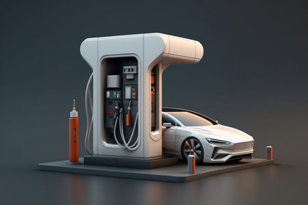 Illustration 3d Electric car charging at an electric station. Healthy environment without harmful emissions. Ecological concept and renewable energies. Generative AIの素材