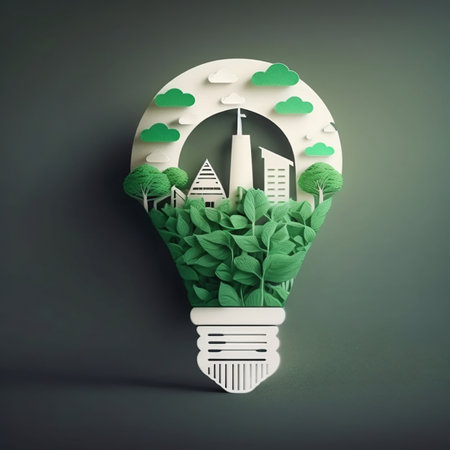 Paper cutout of a light bulb with a green eco city inside. Renewable energy. Carbon neutral energy or CO2 greenhouse gas emission. Energy saving concept. Generative Aiの素材