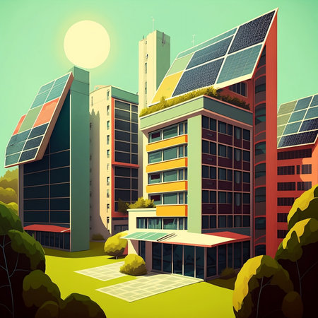 Illustration of contemporary buildings with solar panels and trees. Futuristic city. Environment and architecture concept. Generative a.i.の素材
