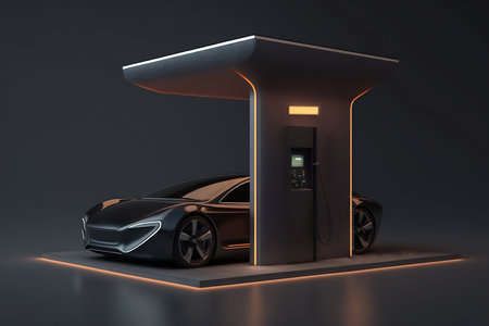 Illustration 3d Electric car charging at an electric station. Healthy environment without harmful emissions. Ecological concept and renewable energies. Generative AIの素材