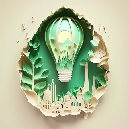 Paper cutout of a light bulb with a green eco city inside. Renewable energy. Carbon neutral energy or CO2 greenhouse gas emission. Energy saving concept. Generative Aiの素材