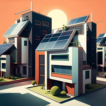 Illustration of contemporary buildings with solar panels and trees. Futuristic city. Environment and architecture concept. Generative a.i.の素材