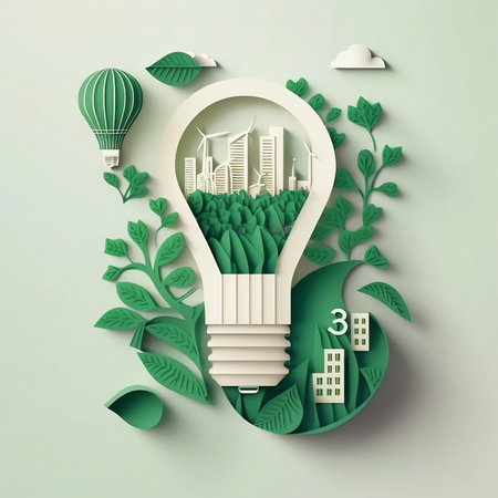 Paper cutout of a light bulb with a green eco city inside. Renewable energy. Carbon neutral energy or CO2 greenhouse gas emission. Energy saving concept. Generative Aiの素材