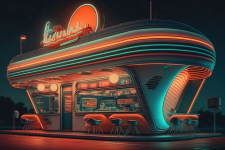 Retro 70's restaurant illustration. Generative AIの素材