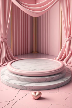 Circular marble pedestal with pink background. Generative AIの素材