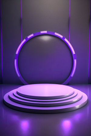 Pedestal illuminated with neon lights. Generative AIの素材