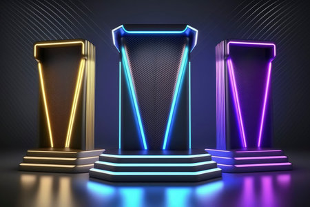 Pedestal illuminated with neon lights. Generative AIの素材