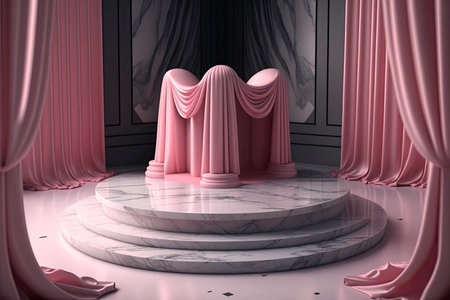 Circular marble pedestal with pink background. Generative AIの素材