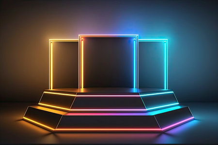 Pedestal illuminated with neon lights. Generative AIの素材