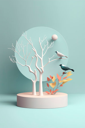 3d minimalist pedestal with paper birds. Generative AIの素材