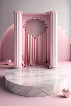 Circular marble pedestal with pink background. Generative AIの素材