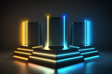 Pedestal illuminated with neon lights. Generative AIの素材