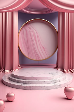 Circular marble pedestal with pink background. Generative AIの素材
