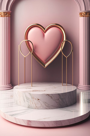 Circular marble pedestal with pink background. Generative AIの素材