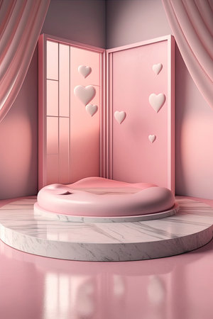 Circular marble pedestal with pink background. Generative AIの素材